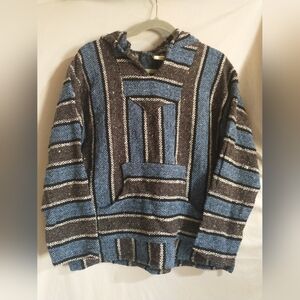 Franks Textiles Unisex Mexican Hoodie Poncho Pullover Sweater Medium Blue